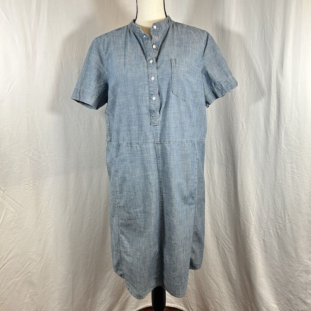 Lands' End Shirt Dress Blue Denim Cotton Chambray Pockets Short Sleeve Size 14